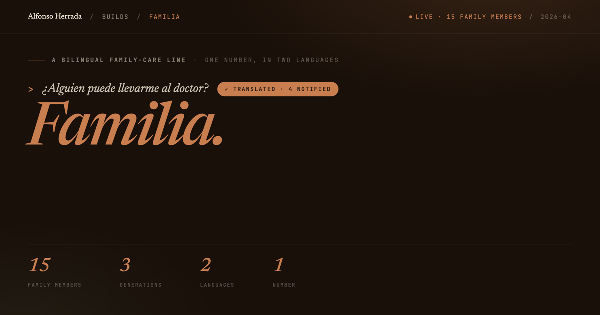 Familia: a message in Spanish arrives, is translated, and four family members are notified. One number for the whole family.